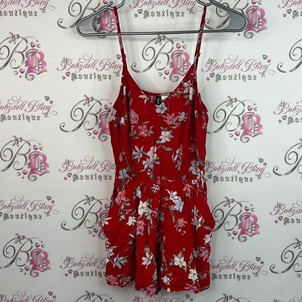 H&M romper tank style flowers pockets Red Floral Women's Pajama Romper